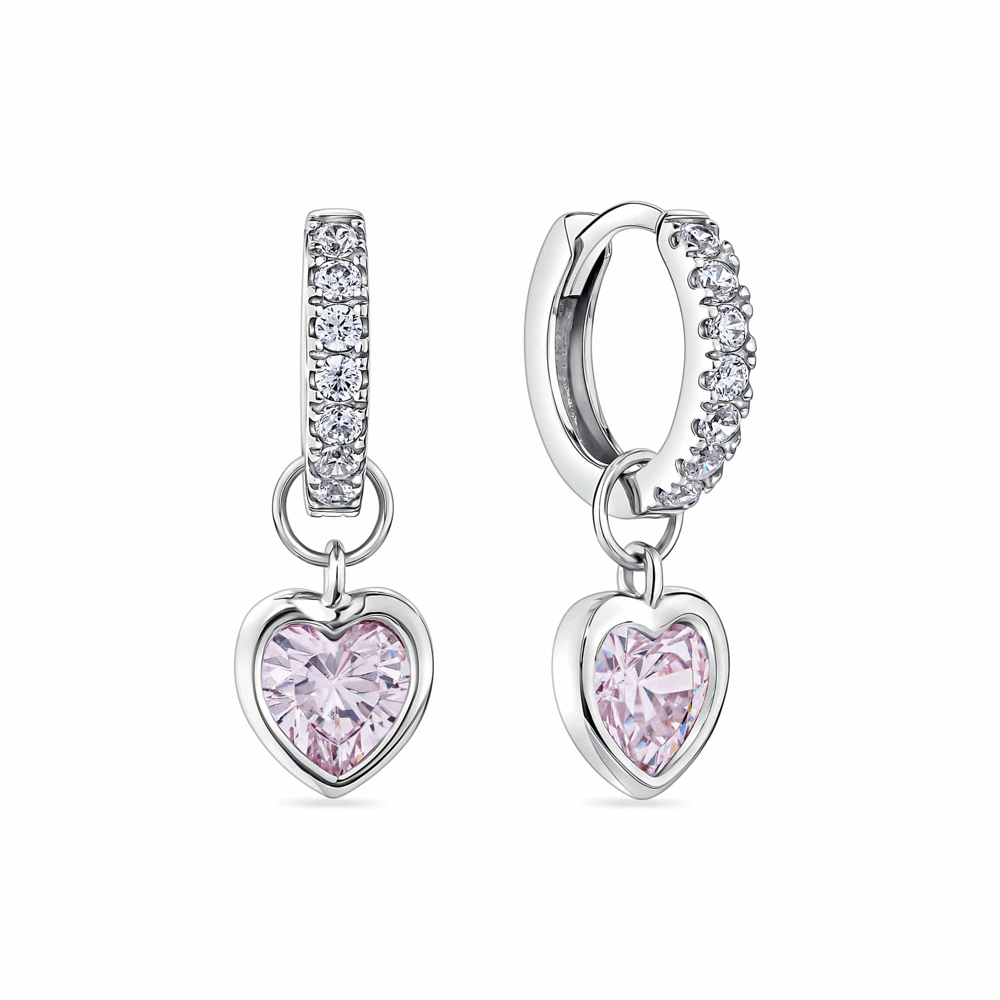 Pink Cubic Zirconia Heart Drop Earrings in Sterling Silver
