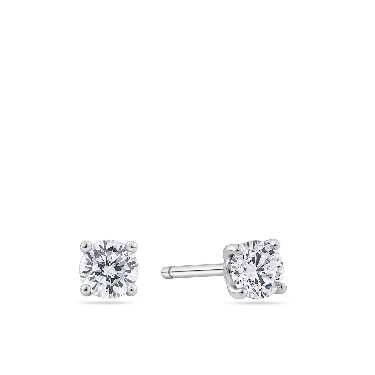 Front-on view of the Wallace Bishop Cubic Zirconia Earrings Bauble Gift Set in Sterling Silver, reference 41GIFT261, with the pair of 4mm round cubic zirconia stud earrings shown outside the gift box. Each earring features a clear, colourless stone set in sterling silver.