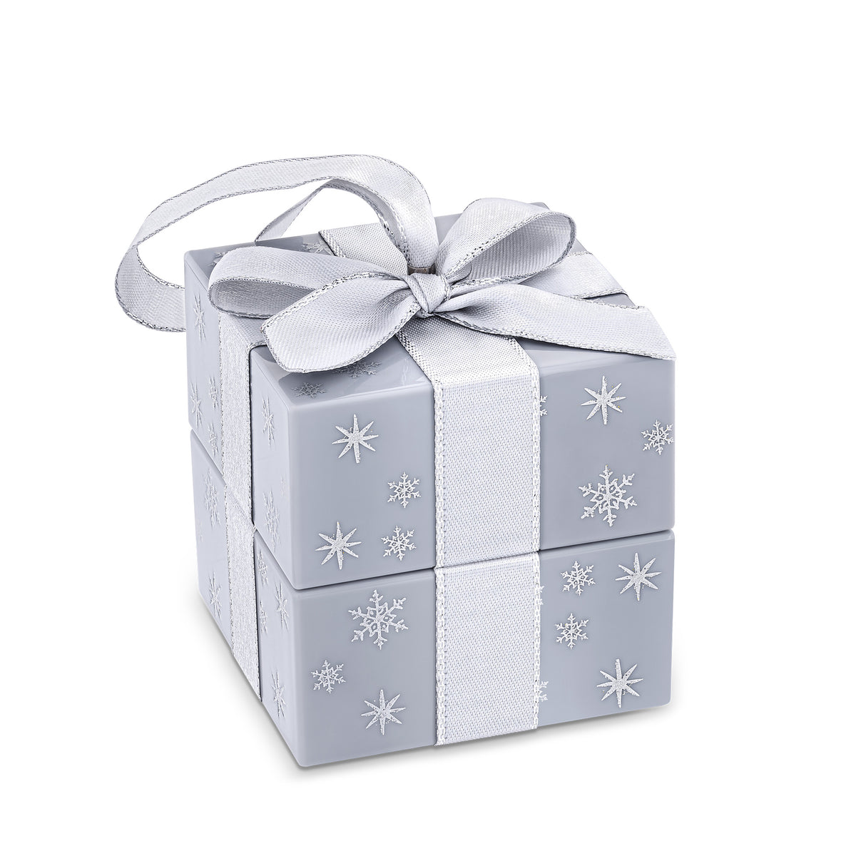 Front-on view of the Wallace Bishop Cubic Zirconia Earrings Bauble Gift Set in Sterling Silver, reference 41GIFT261, shown in its closed silver gift bauble. The gift box holds a pair of cubic zirconia stud earrings, ready to give.