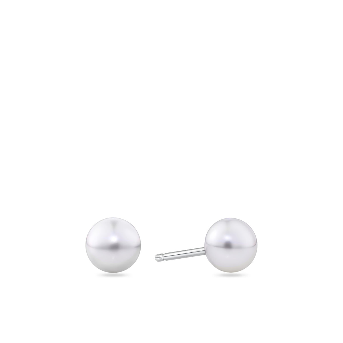Front-on view of the Wallace Bishop Freshwater Pearl Earrings Bauble Gift Set in Sterling Silver, reference 41GIFT262, with the pair of 5.50mm freshwater pearl earrings shown outside the gift box. Each earring features a round white freshwater pearl set in sterling silver.