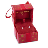 Front-on view of the Wallace Bishop Freshwater Pearl Earrings Bauble Gift Set in Sterling Silver, reference 41GIFT262, shown in a red gift box with gold snowflake details and a red ribbon. The set features a pair of 5.50mm round freshwater pearl earrings.