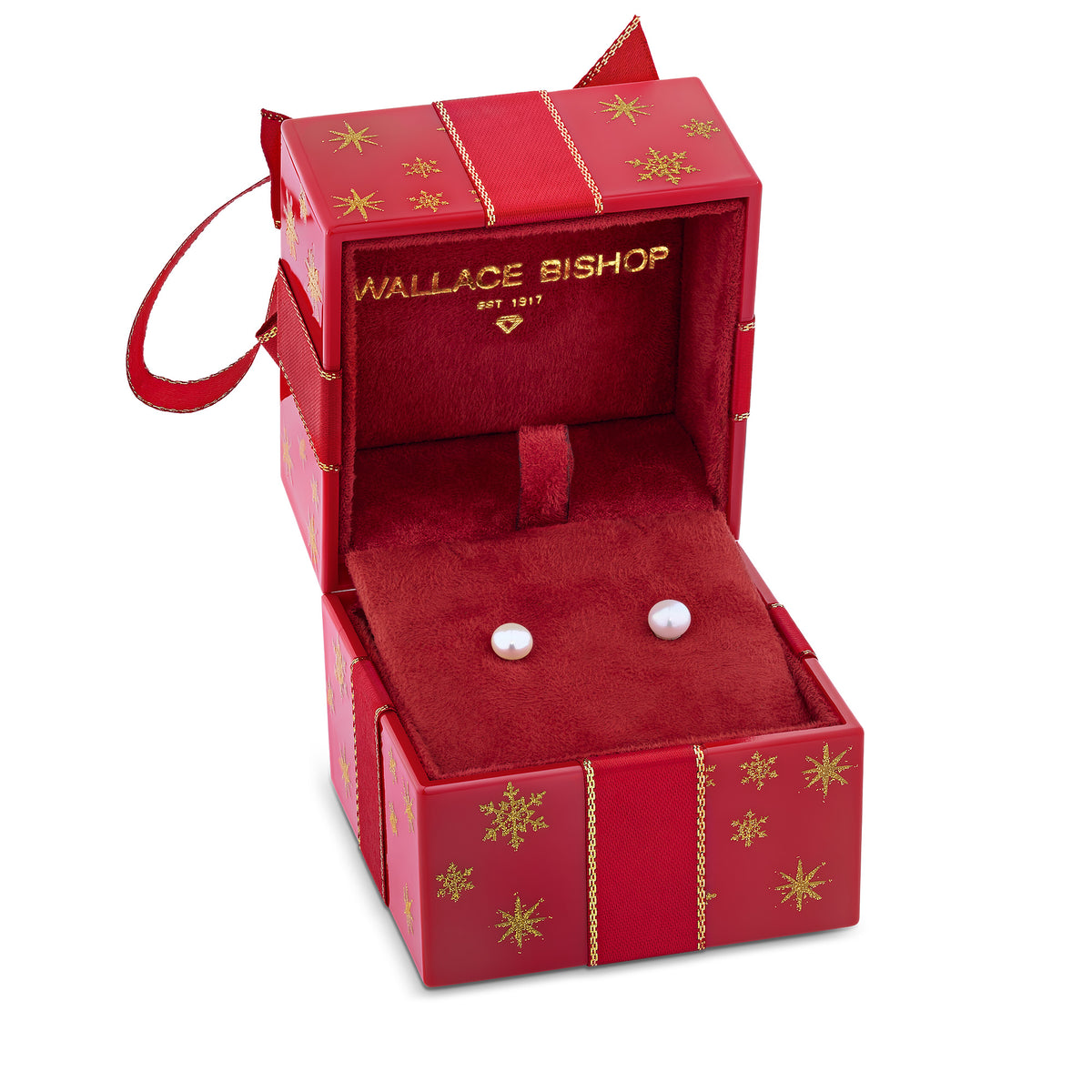 Front-on view of the Wallace Bishop Freshwater Pearl Earrings Bauble Gift Set in Sterling Silver, reference 41GIFT262, shown in a red gift box with gold snowflake details and a red ribbon. The set features a pair of 5.50mm round freshwater pearl earrings.