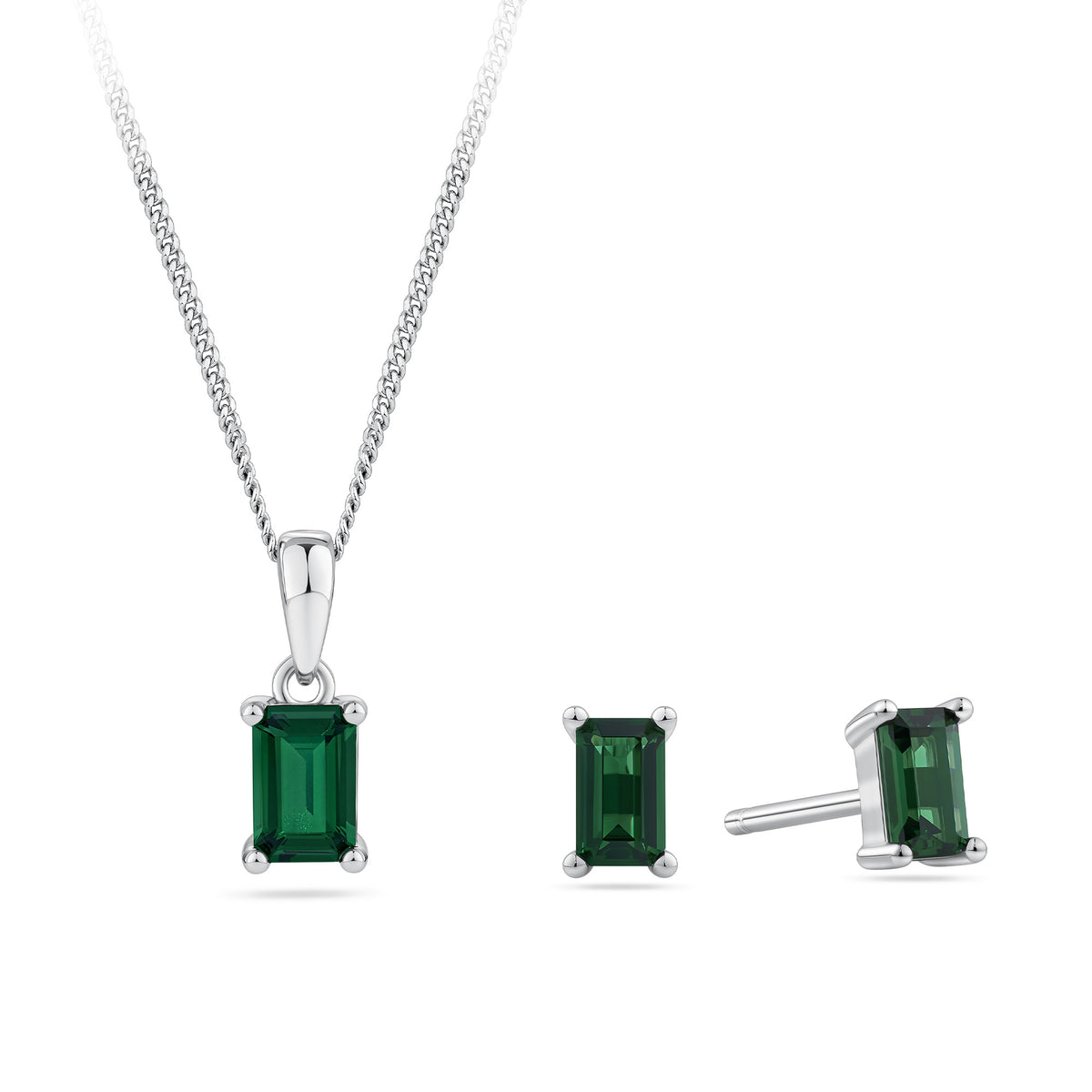 Front-on view of the Wallace Bishop Cubic Zirconia Earrings & Pendant Bauble Gift Set in Sterling Silver, reference 41GIFT263, with the 12mm pendant and the pair of 5.65mm earrings shown outside the gift box. Each piece features a green emerald-cut cubic zirconia.