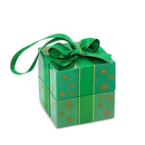 Front-on view of the Wallace Bishop Cubic Zirconia Earrings & Pendant Bauble Gift Set in Sterling Silver, reference 41GIFT263, shown in its closed green gift bauble tied with a ribbon. The gift box is decorated with gold stars and holds a pendant and a pair of earrings, ready to give.