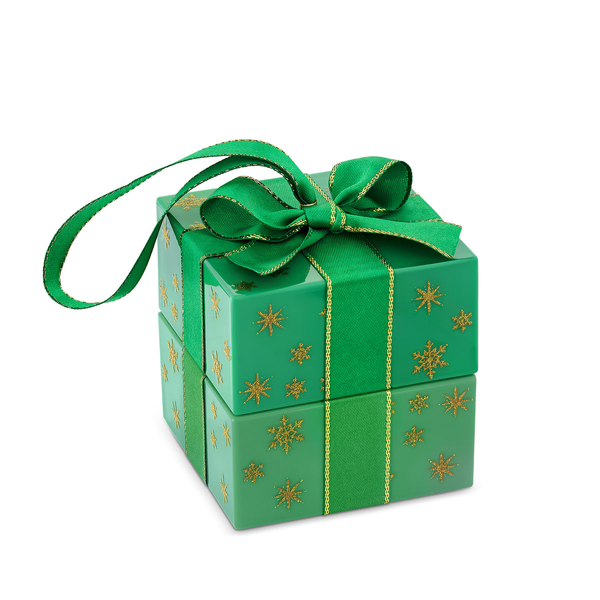 Front-on view of the Wallace Bishop Cubic Zirconia Earrings & Pendant Bauble Gift Set in Sterling Silver, reference 41GIFT263, shown in its closed green gift bauble tied with a ribbon. The gift box is decorated with gold stars and holds a pendant and a pair of earrings, ready to give.