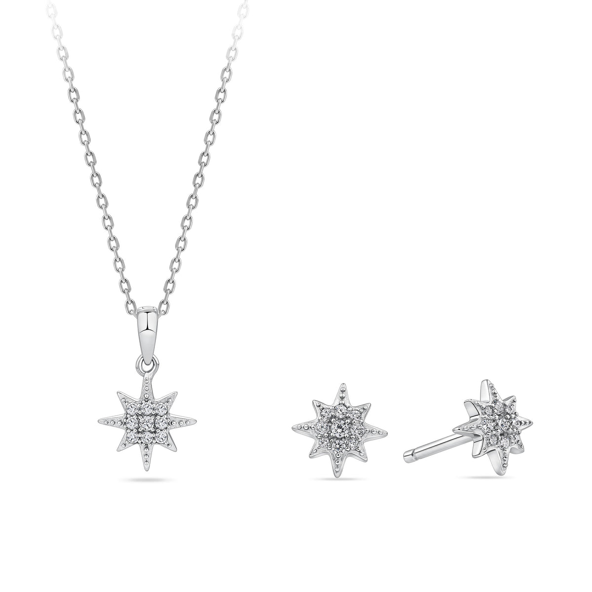 Front-on view of the Wallace Bishop Cubic Zirconia Star Earrings & Pendant Bauble Gift Set in Sterling Silver, reference 41GIFT264, with the star pendant on its 500mm chain and the pair of star earrings shown outside the gift box. The 15mm pendant and 7mm earrings are pavé set with colourless round cubic zirconias.