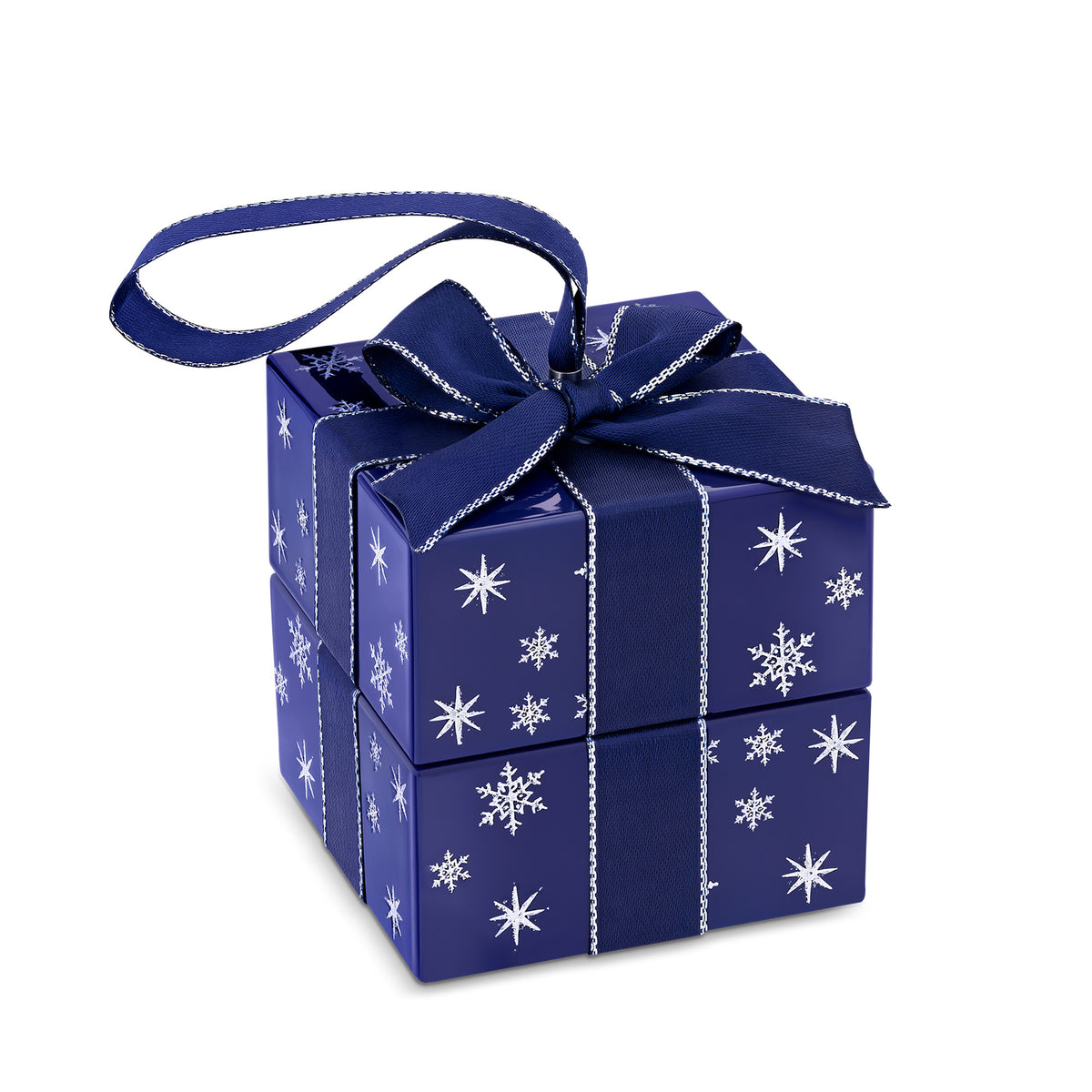 Front-on view of the Wallace Bishop Cubic Zirconia Star Earrings & Pendant Bauble Gift Set in Sterling Silver, reference 41GIFT264, shown in its closed gift bauble tied with a ribbon. The snowflake-patterned gift box holds a star pendant and a pair of star earrings, ready to give.