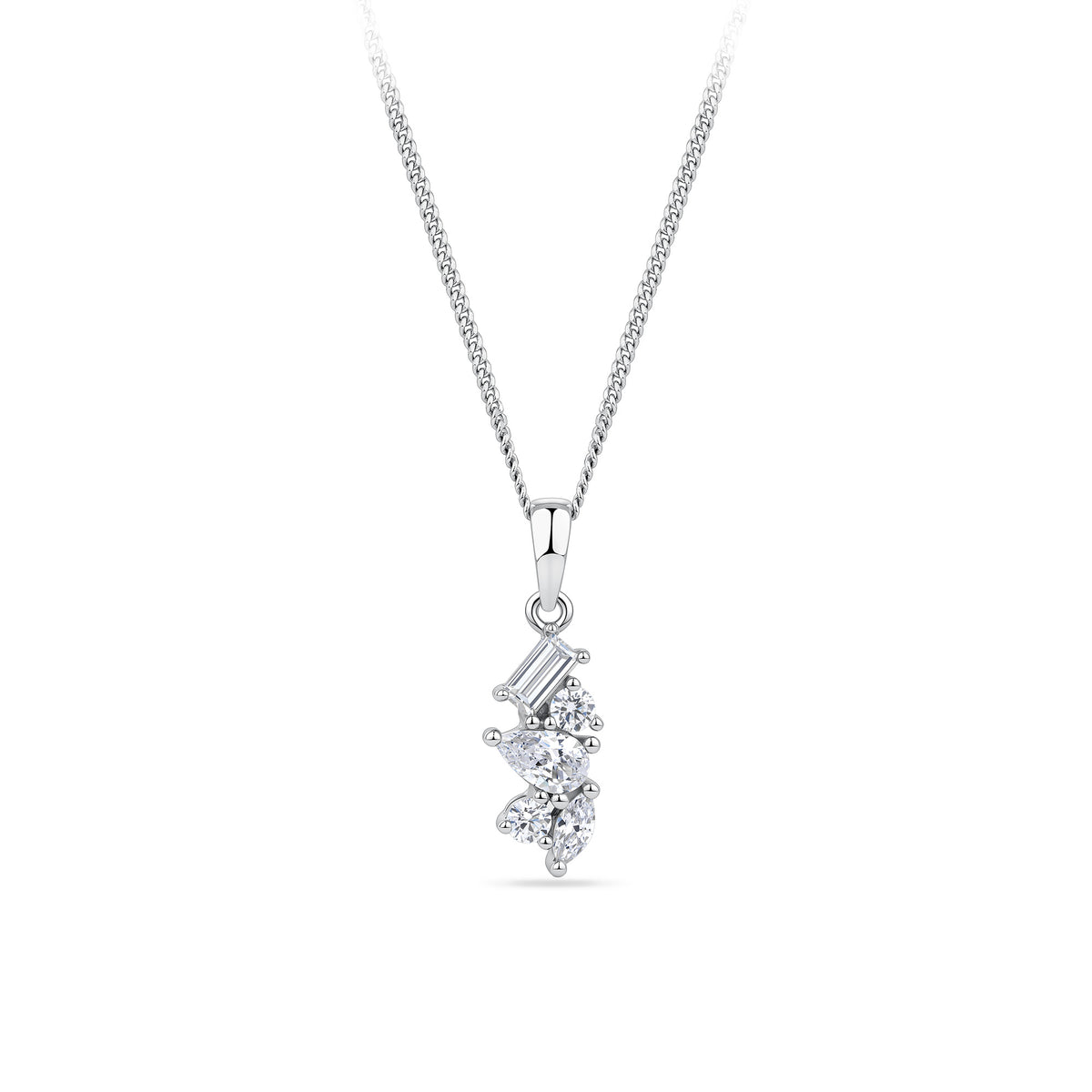 Front-on view of the Wallace Bishop Cubic Zirconia Scatter Pendant in Sterling Silver, reference 41PCZD02, measuring 12mm in length. The pendant features a claw-set cluster of cubic zirconias, mixing baguette, marquise, pear and round cuts for an asymmetric, scattered sparkle.