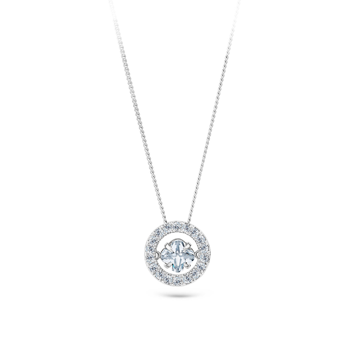 Front-on view of the Wallace Bishop Cubic Zirconia Dancing Pendant in Sterling Silver, reference 41PCZD04, measuring 10mm. The polished pendant features a single colourless round cubic zirconia in a claw setting.