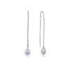 Front-on view of the Wallace Bishop Cubic Zirconia Bezel Threader Earrings in Sterling Silver, reference 41PSBCZE1, with the fine chain threaded through the ear. The design features a bezel-set pear cut white cubic zirconia drop measuring 6x4mm.