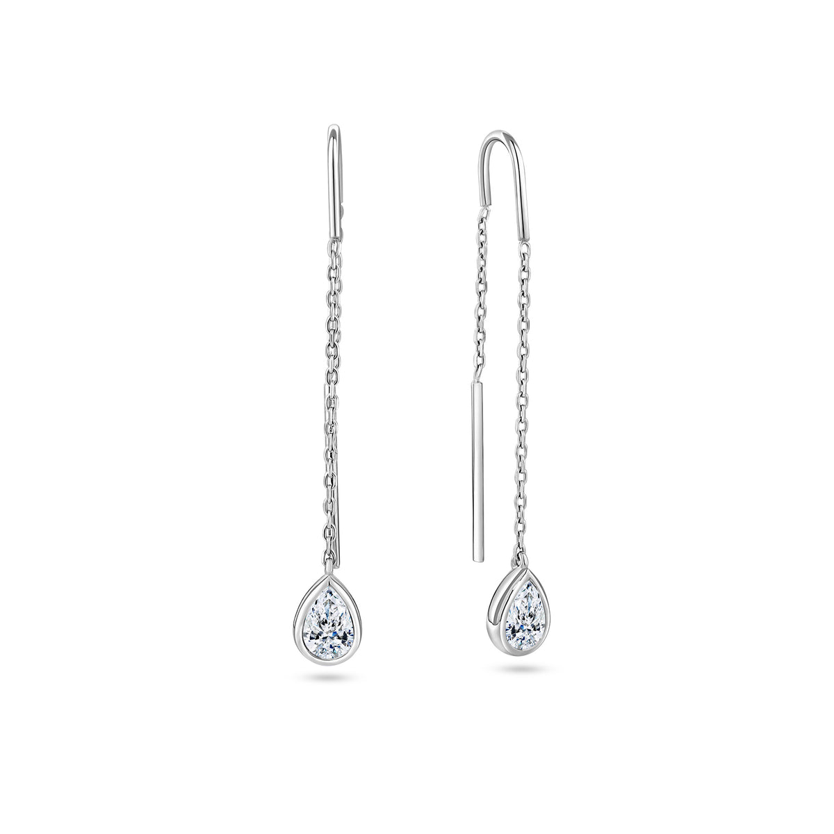 Front-on view of the Wallace Bishop Cubic Zirconia Bezel Threader Earrings in Sterling Silver, reference 41PSBCZE1, with the fine chain threaded through the ear. The design features a bezel-set pear cut white cubic zirconia drop measuring 6x4mm.