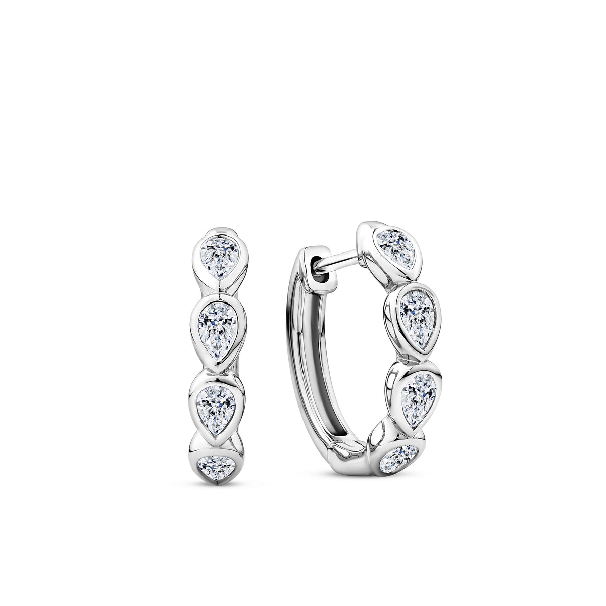 Front-on view of the Wallace Bishop Cubic Zirconia Bezel Huggies in Sterling Silver, reference 41PSBCZE3. Each huggie features bezel-set pear cut white cubic zirconias, totalling 8 stones between the pair.