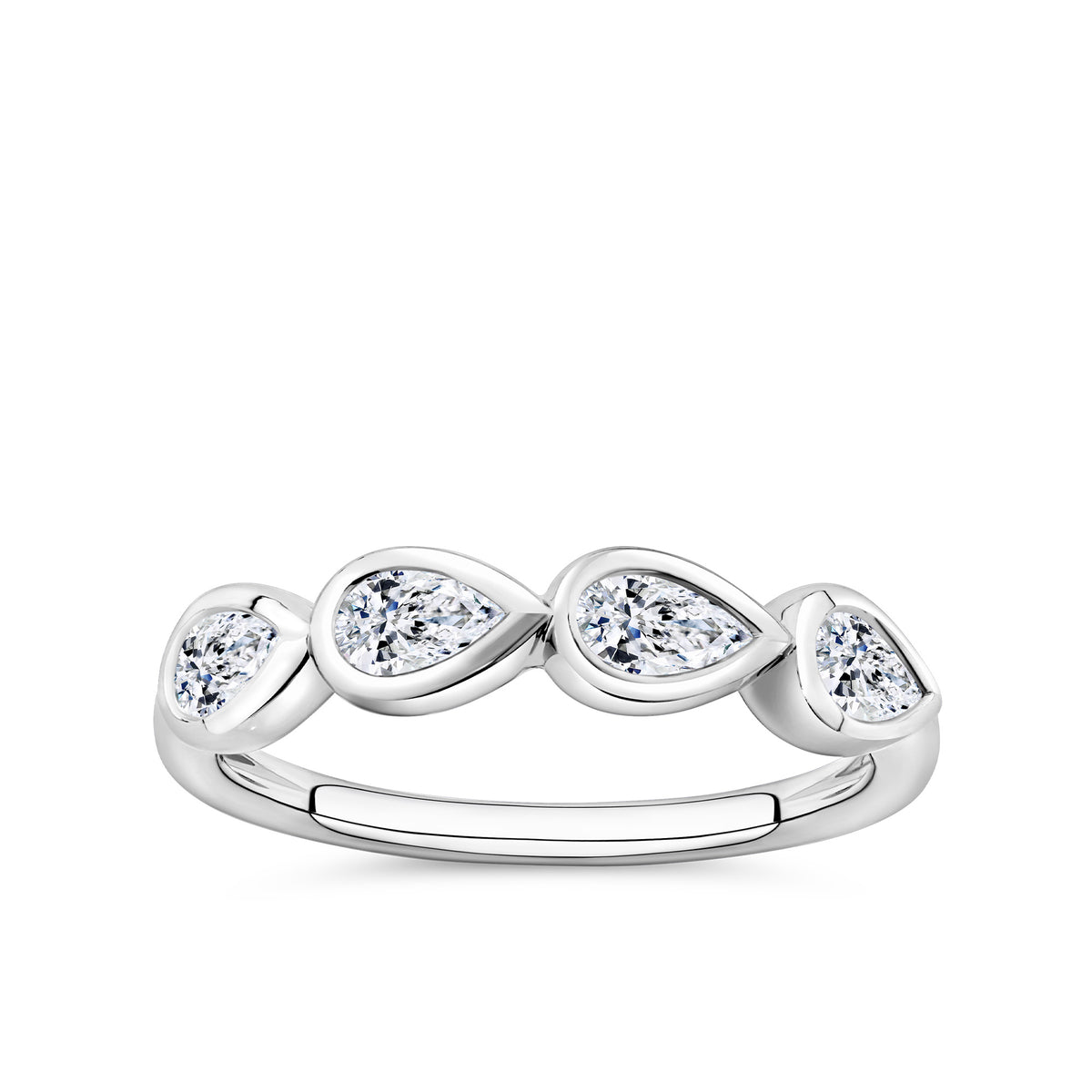 Front-on view of the Wallace Bishop Cubic Zirconia Bezel Ring in Sterling Silver, reference 41PSBCZR2O, on a plain polished band. The ring features four bezel-set pear cut white cubic zirconias, each measuring 5x3mm.