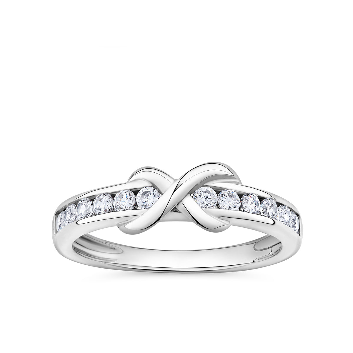 Front-on view of the Wallace Bishop Cubic Zirconia Crossover Ring in Sterling Silver, reference 41RCZ023O, featuring an infinity symbol on a polished silver band. The band is channel set with 12 round white cubic zirconias running along either side of the crossover design.