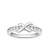 Front-on view of the Wallace Bishop Cubic Zirconia Crossover Ring in Sterling Silver, reference 41RCZ023O, featuring an infinity symbol on a polished silver band. The band is channel set with 12 round white cubic zirconias running along either side of the crossover design.