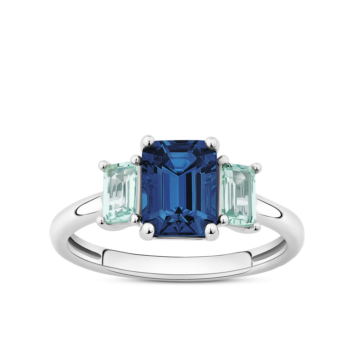 Front-on view of the Wallace Bishop Cubic Zirconia Trilogy Ring in Sterling Silver, reference 41RCZD01R, on a polished band. The ring features a large light blue emerald cut cubic zirconia centre stone, flanked by two smaller mint coloured emerald cut cubic zirconias, all claw set.
