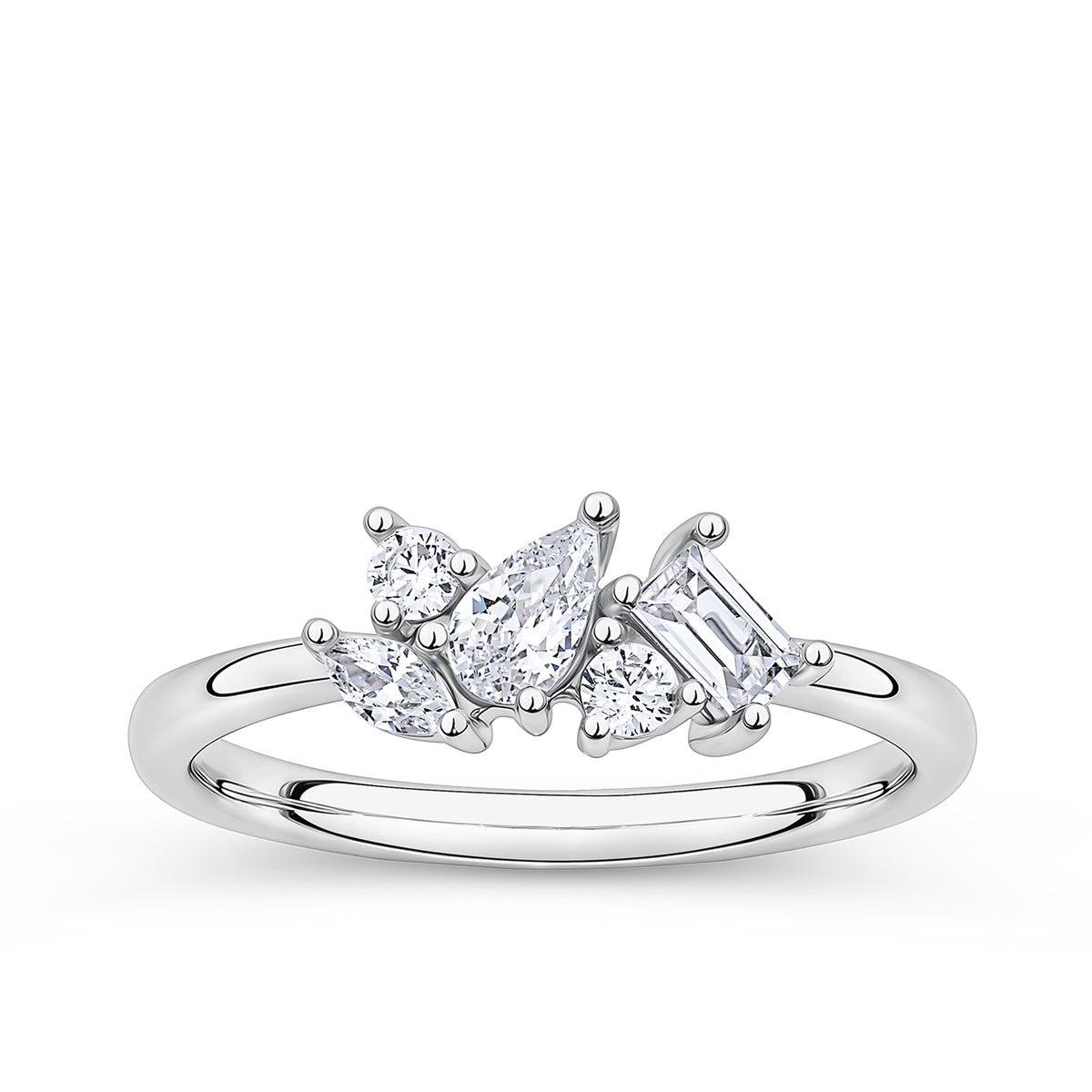 Front-on view of the Wallace Bishop Cubic Zirconia Scatter Ring in Sterling Silver, reference 41RCZD02O. The ring features a claw-set cluster of cubic zirconias, mixing baguette, marquise, pear and round cuts for an asymmetric, scattered sparkle.