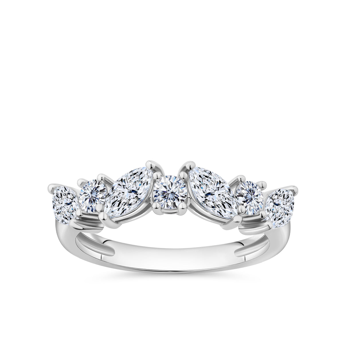 Front-on view of the Wallace Bishop Cubic Zirconia Cluster Ring in Sterling Silver, reference 41RCZD03O. The ring features seven claw-set cubic zirconias, mixing marquise and round cuts to create a scattered, floral-inspired design.
