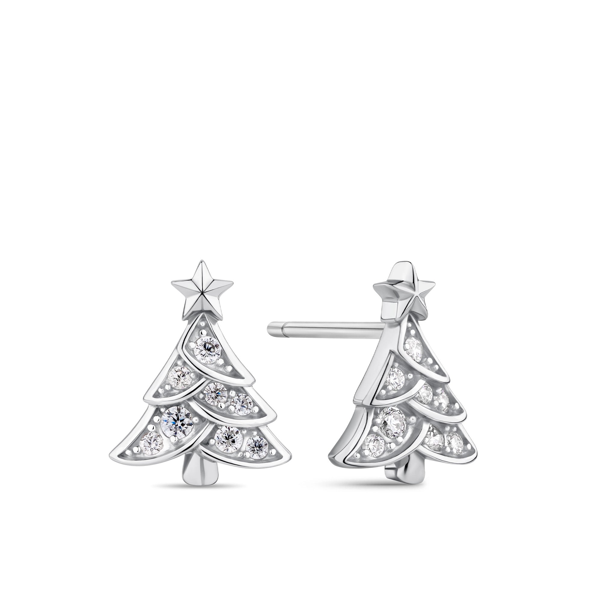 Cubic Zirconia Christmas Tree Stud Earrings in Sterling Silver