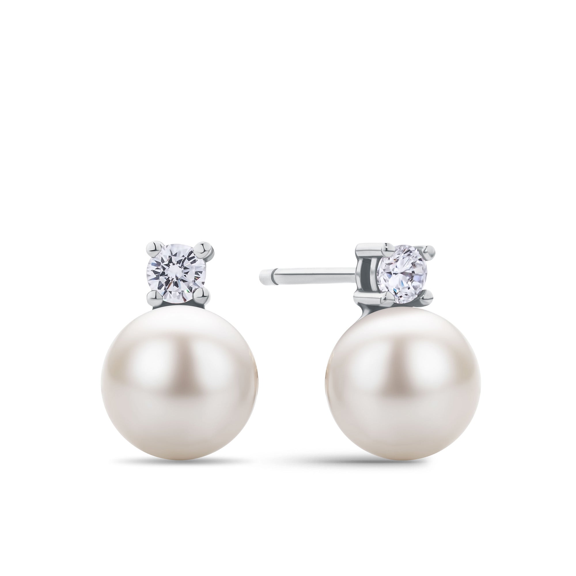 Freshwater Pearl & Cubic Zirconia Stud Earrings in Sterling Silver in Red Bauble
