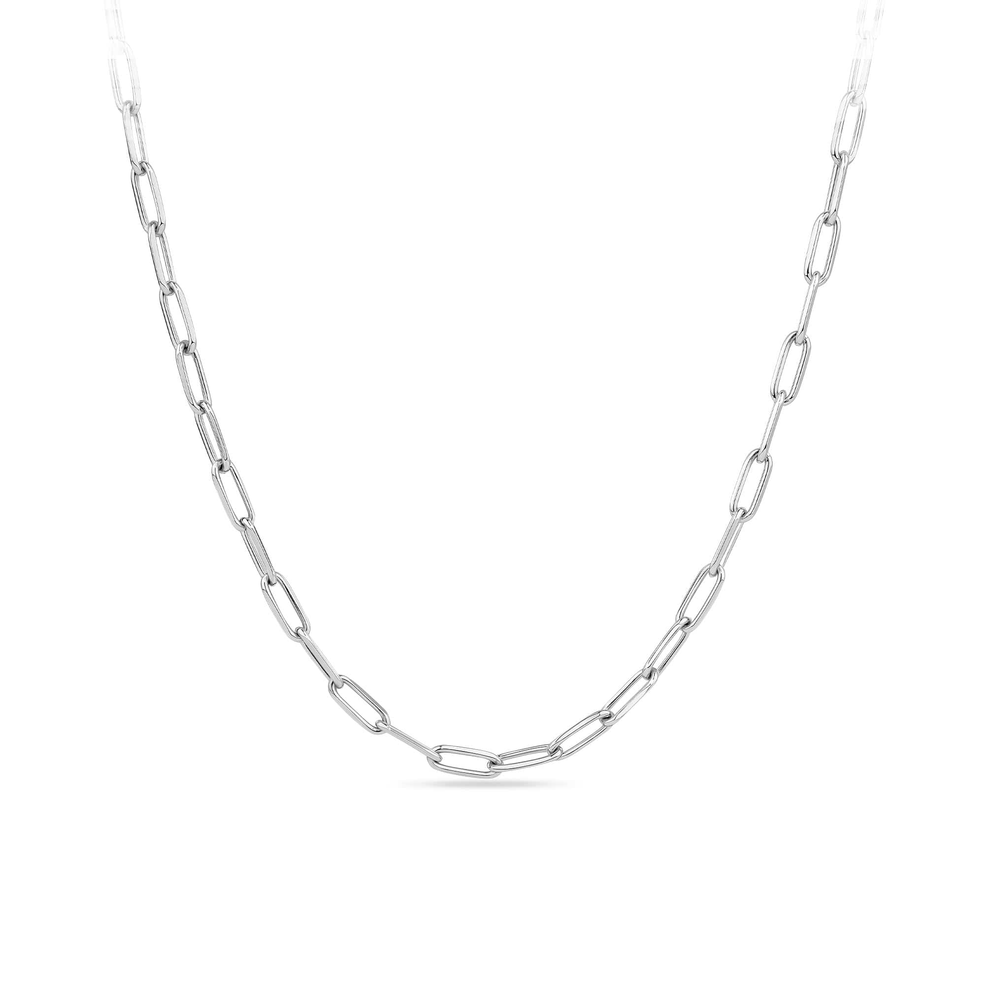 Paperclip Chain in Sterling Silver, photographed front on against a plain background. The chain features polished paperclip-style links at 50cm full length, adjustable to a shorter length as needed.