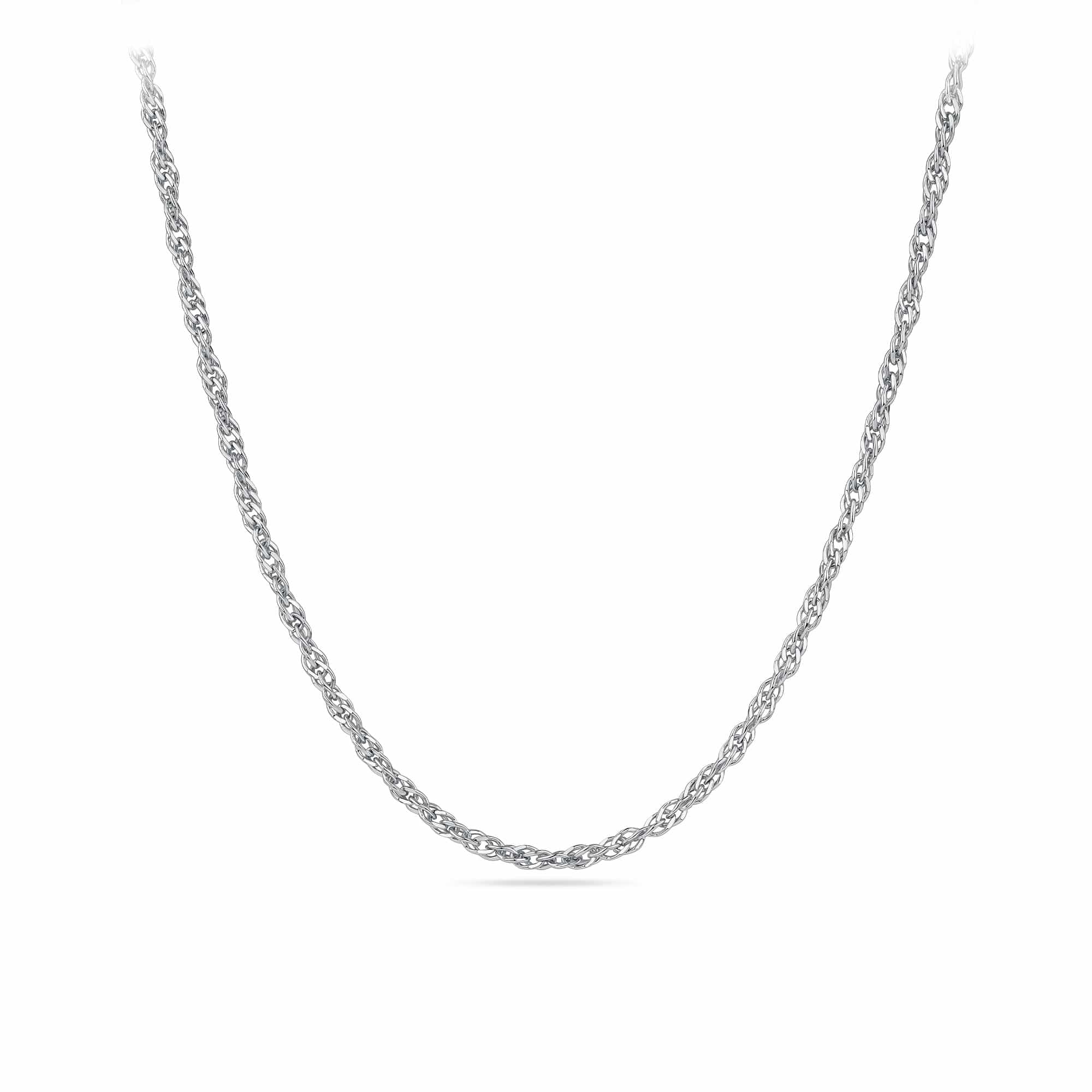 50cm Singapore Chain in Sterling Silver — This twisted rope-style chain sits at 2mm wide with a bright, reflective sterling silver finish. The 50cm (19.7 inch) length is shown lying flat, showcasing its even, symmetrical link pattern from end to end.