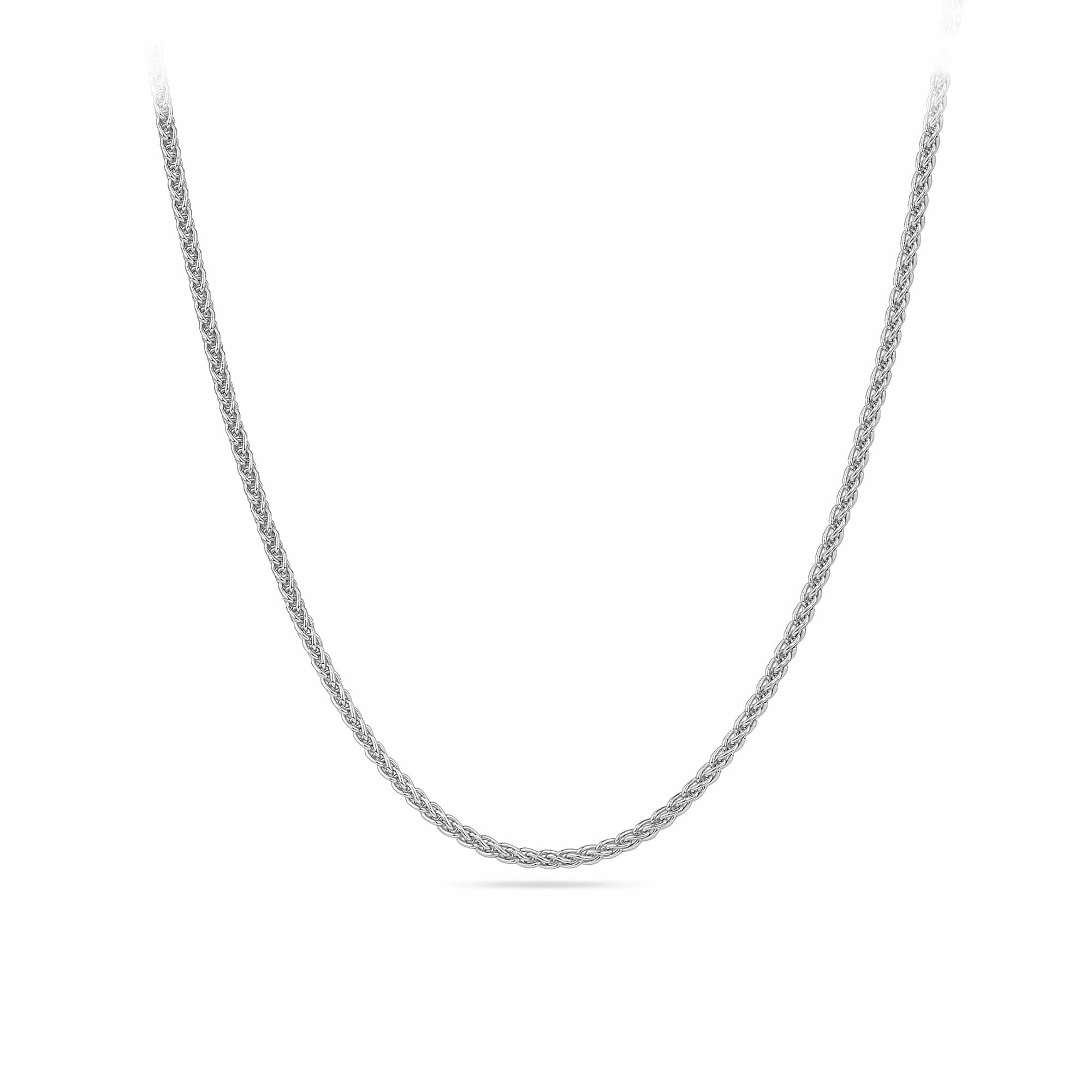 50cm Wheat Chain with Slider in Sterling Silver — This finely woven wheat-link chain sits at 1.2mm wide with a soft, reflective sterling silver finish. An adjustable slider is visible along the chain, allowing the 50cm (19.7 inch) length to be shortened for a customised fit.