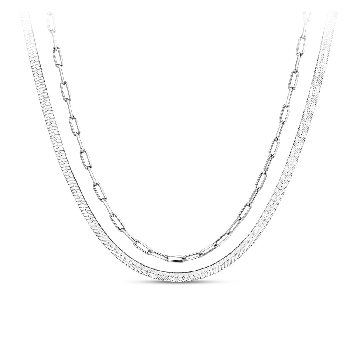 Front-on view of the Wallace Bishop Two-Layer Necklace in Sterling Silver, reference 44KA2582, measuring 500mm in length with a parrot clasp. The solid link necklace pairs a flat herringbone chain with a paperclip link chain.