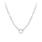 Front-on view of the Wallace Bishop Paperclip Charm Holder Chain in Sterling Silver, reference 44PCCH01, shown with a parrot clasp. The solid sterling silver paperclip link chain measures 500mm in length and 2.8mm in width, designed to hold charms and pendants.