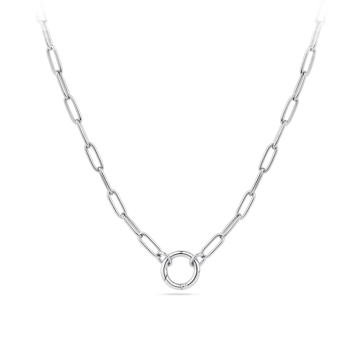 Front-on view of the Wallace Bishop Paperclip Charm Holder Chain in Sterling Silver, reference 44PCCH01, shown with a parrot clasp. The solid sterling silver paperclip link chain measures 500mm in length and 2.8mm in width, designed to hold charms and pendants.