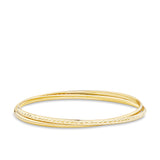 Front-on view of the Wallace Bishop Interlocking Patterned Bangle in 9ct Yellow Gold, reference 45BG228Y, with a round, polished silhouette. The bangle features an interlocking pattern design in a fine, lightweight 2.8mm width.