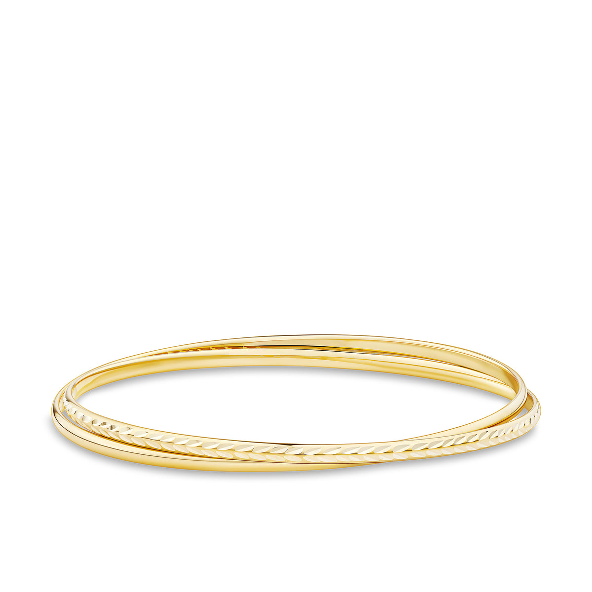 Front-on view of the Wallace Bishop Interlocking Patterned Bangle in 9ct Yellow Gold, reference 45BG228Y, with a round, polished silhouette. The bangle features an interlocking pattern design in a fine, lightweight 2.8mm width.