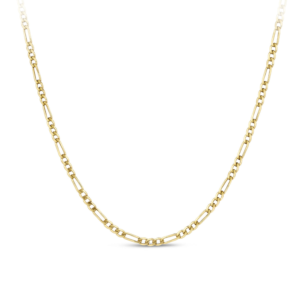 Front-on view of the Wallace Bishop Figaro Link Chain in 9ct Yellow Gold, reference 46FIG06055, measuring 550mm in length and 2.30mm in width with a parrot clasp. The solid yellow gold chain shows the classic Figaro pattern of short links followed by a longer link.