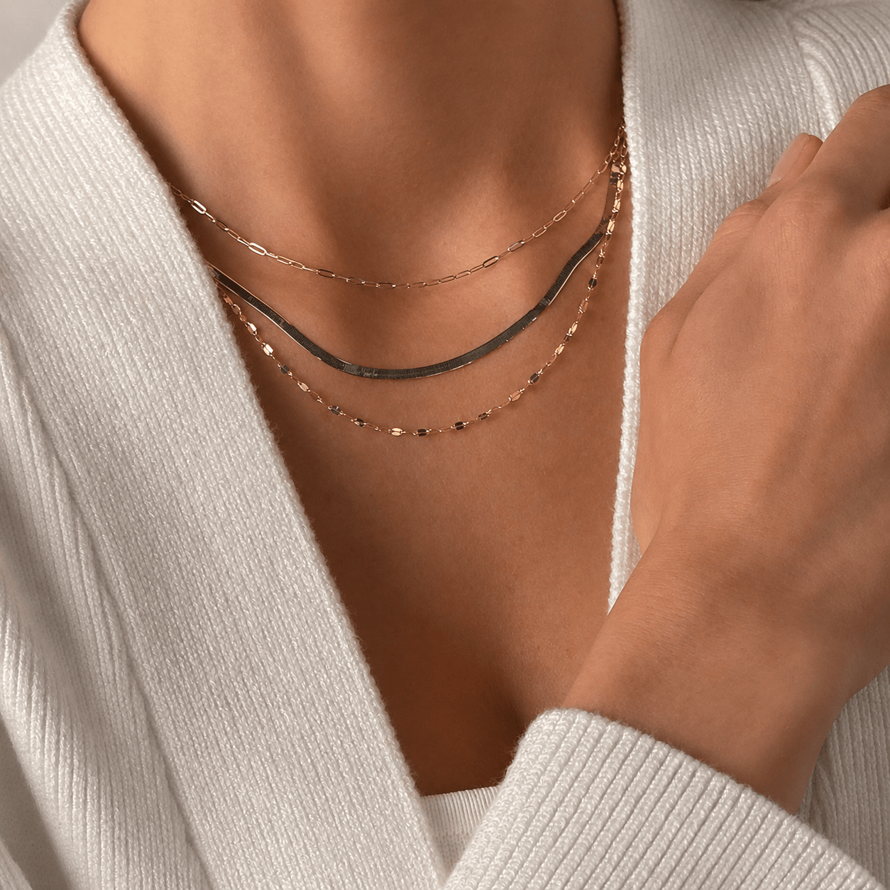 43cm Layered Paperclip, Herringbone & Anchor Necklace in 9ct Yellow Gold