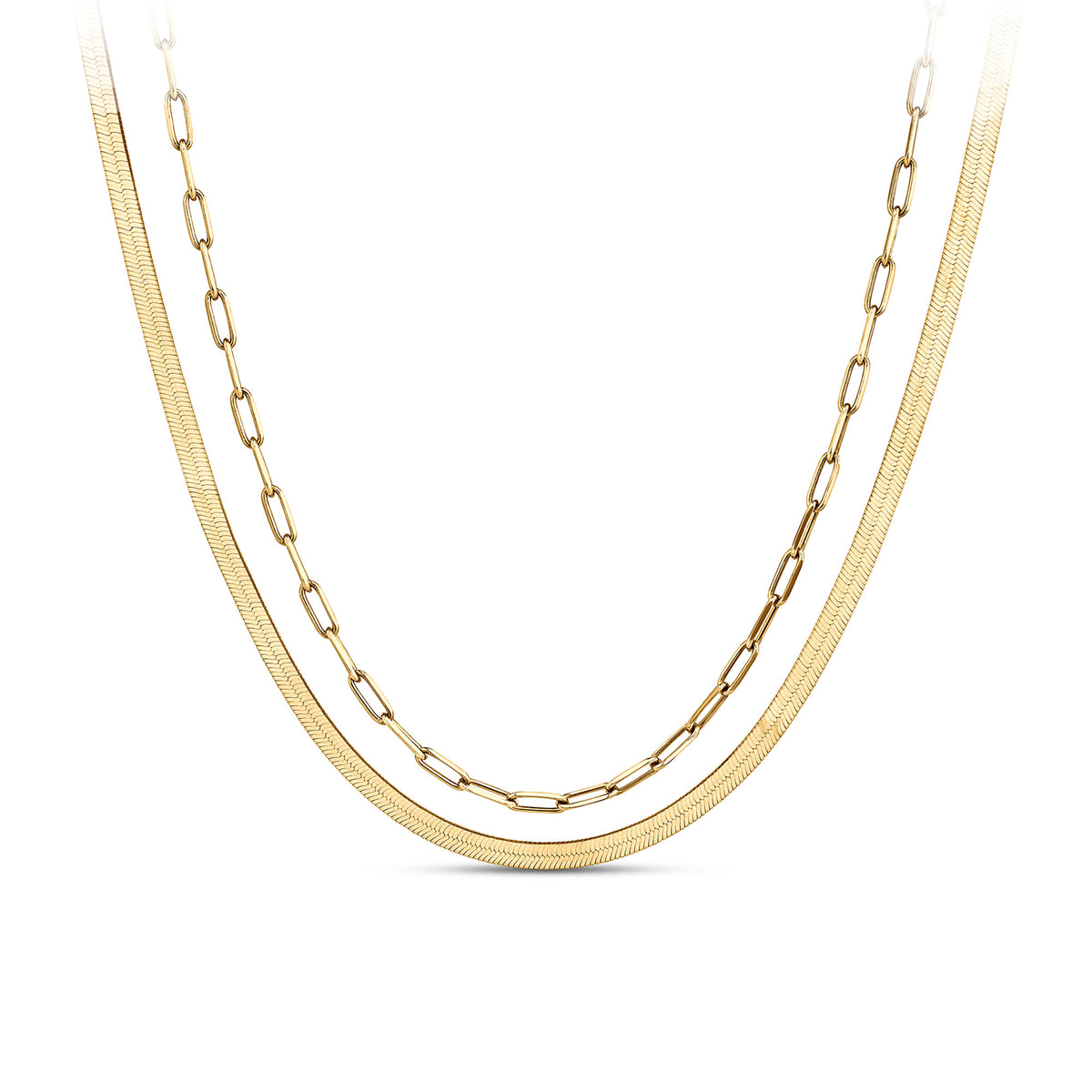 Front-on view of the Wallace Bishop Two-Layer Necklace in yellow gold reference 46KA2582, measuring 500mm in length with a parrot clasp. The solid link necklace pairs a flat herringbone chain with a paperclip link chain.