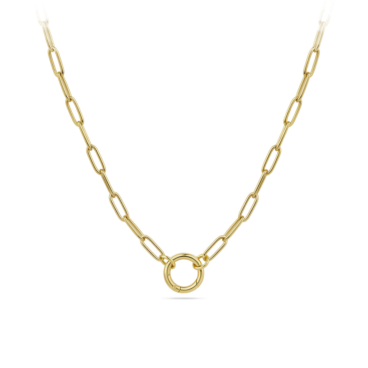 Front-on view of the Wallace Bishop Paperclip Charm Holder Chain in 9ct Yellow Gold, reference 46PCCH01Y, shown with a parrot clasp. The solid 9ct yellow gold paperclip link chain measures 500mm in length and 2.8mm in width, designed to hold charms and pendants.