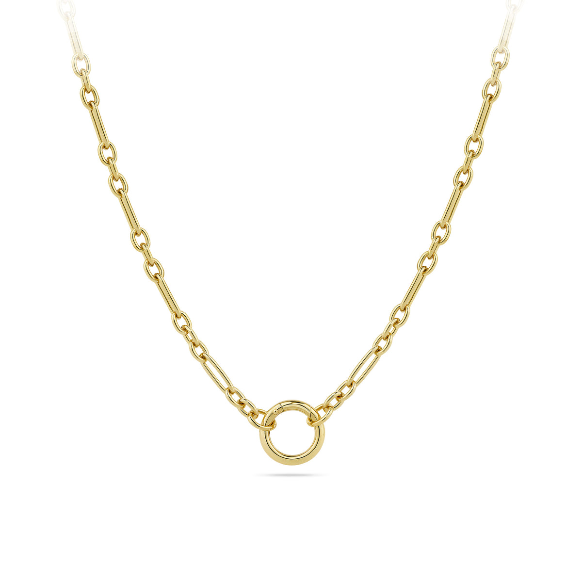 Front-on view of the Wallace Bishop Trombone Link Charm Holder Chain in 9ct Yellow Gold, reference 46TBCH01Y, shown with a parrot clasp. The solid 9ct yellow gold chain measures 500mm in length and 2.8mm in width, designed to hold charms and pendants.
