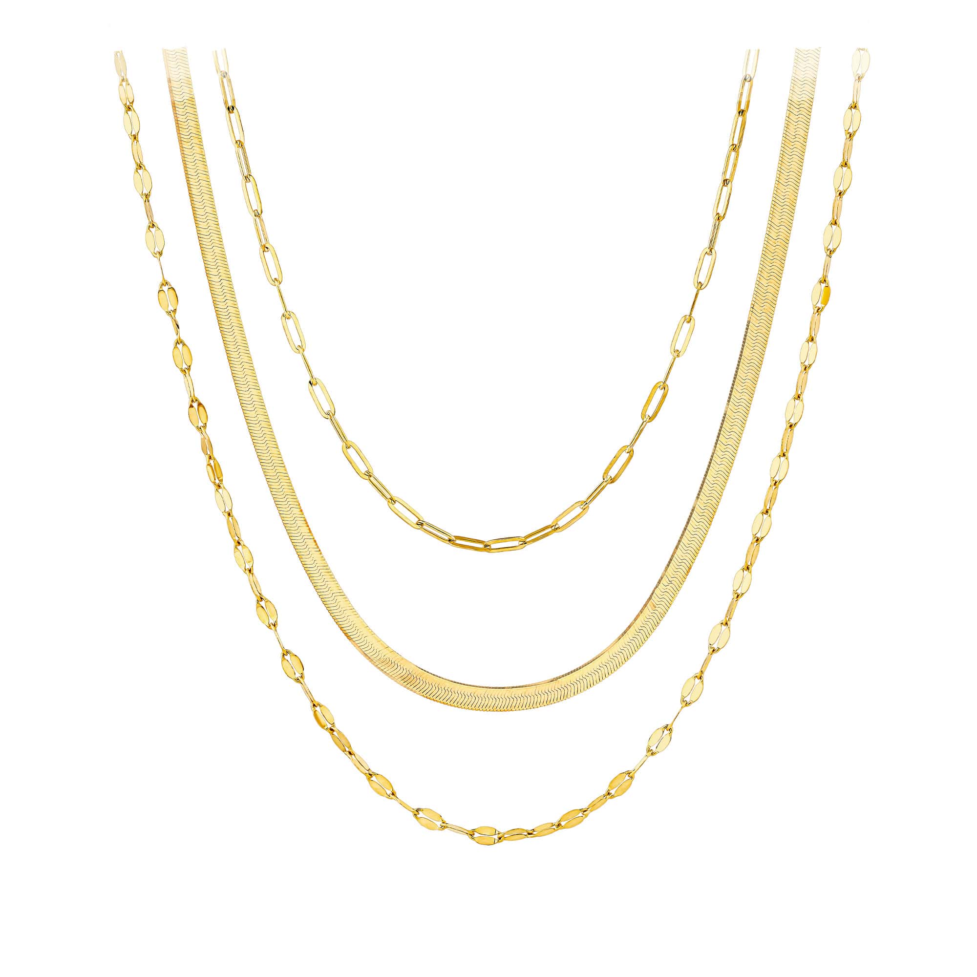 43cm Layered Paperclip, Herringbone & Anchor Necklace in 9ct Yellow Gold