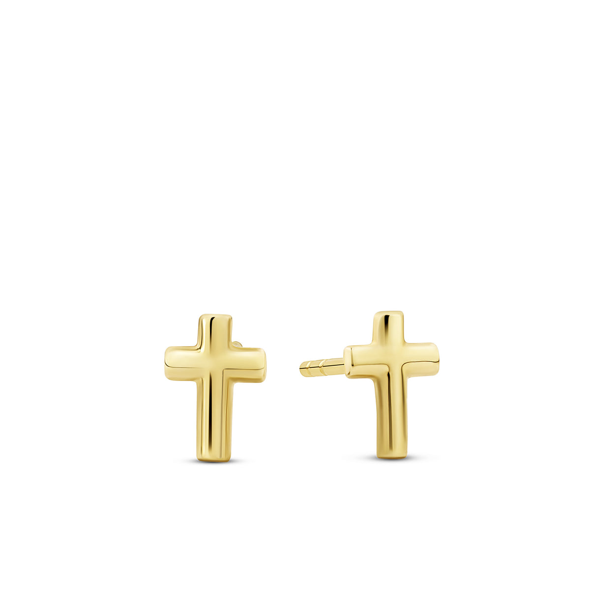 Front-on view of the Wallace Bishop Cross Stud Earrings in 9ct Yellow Gold, reference 48ER001, secured with a butterfly back. Each earring features a classic cross silhouette in polished yellow gold, measuring 6.75mm in length.