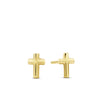 Front-on view of the Wallace Bishop Cross Stud Earrings in 9ct Yellow Gold, reference 48ER001, secured with a butterfly back. Each earring features a classic cross silhouette in polished yellow gold, measuring 6.75mm in length.