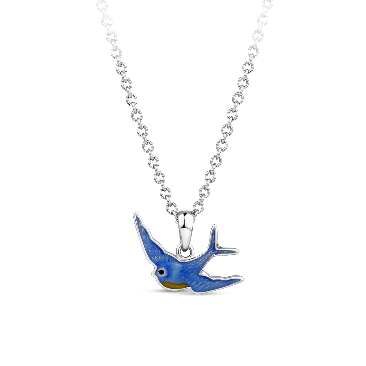 Front-on view of the Wallace Bishop Bluebird of Happiness Pendant in Sterling Silver, reference 49BB07NK, measuring 17.50mm on a 400mm chain. The pendant features a blue enamel bluebird, part of Wallace Bishop’s heritage-inspired pieces.