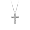 Front-on view of the Wallace Bishop Cross Gents Pendant in Sterling Silver, reference 49NRP002, measuring 41.50mm in length on a 650mm chain with a parrot clasp. The men’s solid cross pendant features a rope design and a polished finish.