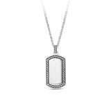 Front-on view of the Wallace Bishop Dog Tag Gents Pendant in Sterling Silver, reference 49NRP003, measuring 47.20mm in length on a 650mm chain. The men’s dog tag pendant features a polished face with a rope detail around the edge.