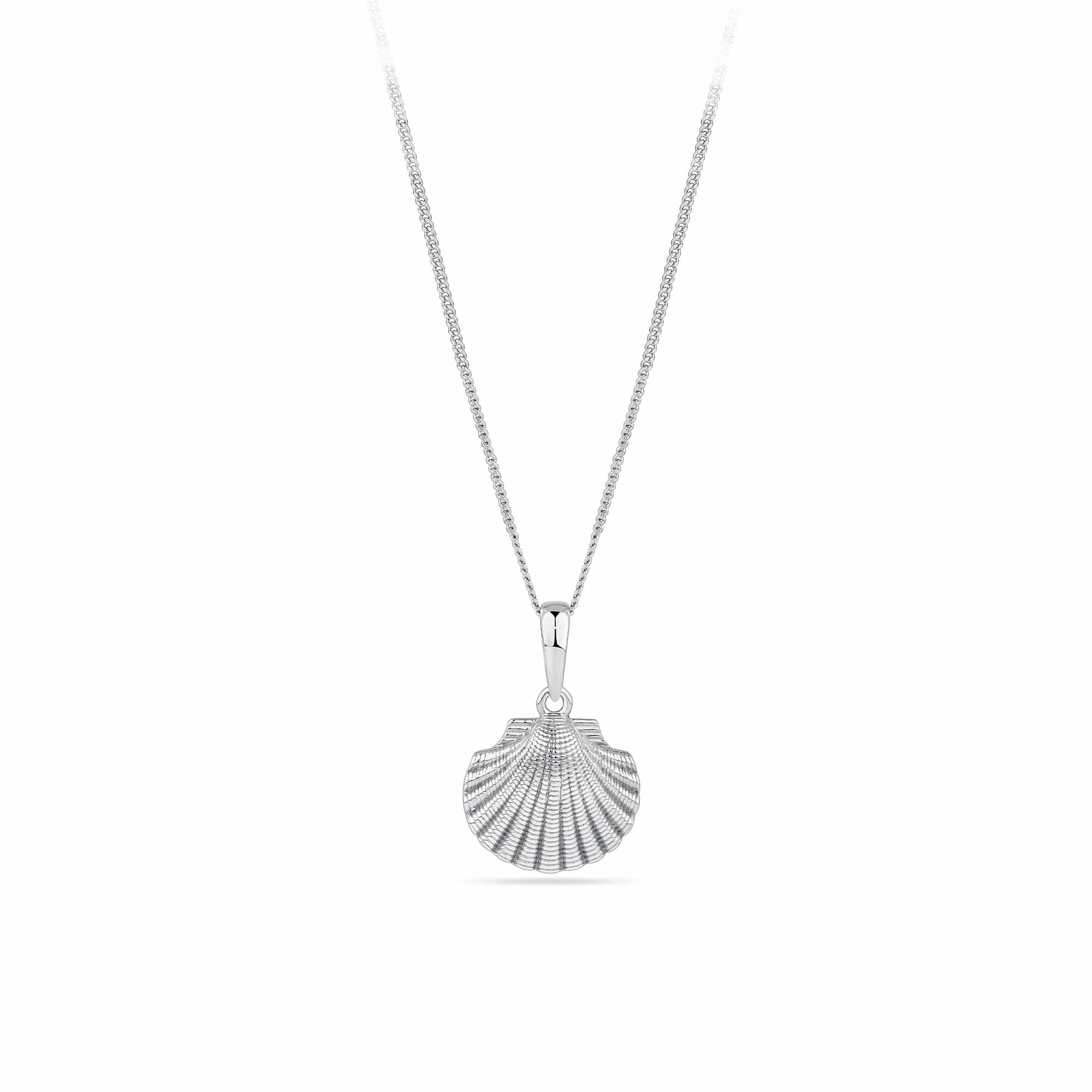 Shell Pendant in Sterling Silver, photographed front on against a plain background. The pendant is shaped like a smooth, polished shell with a bright Sterling Silver finish.