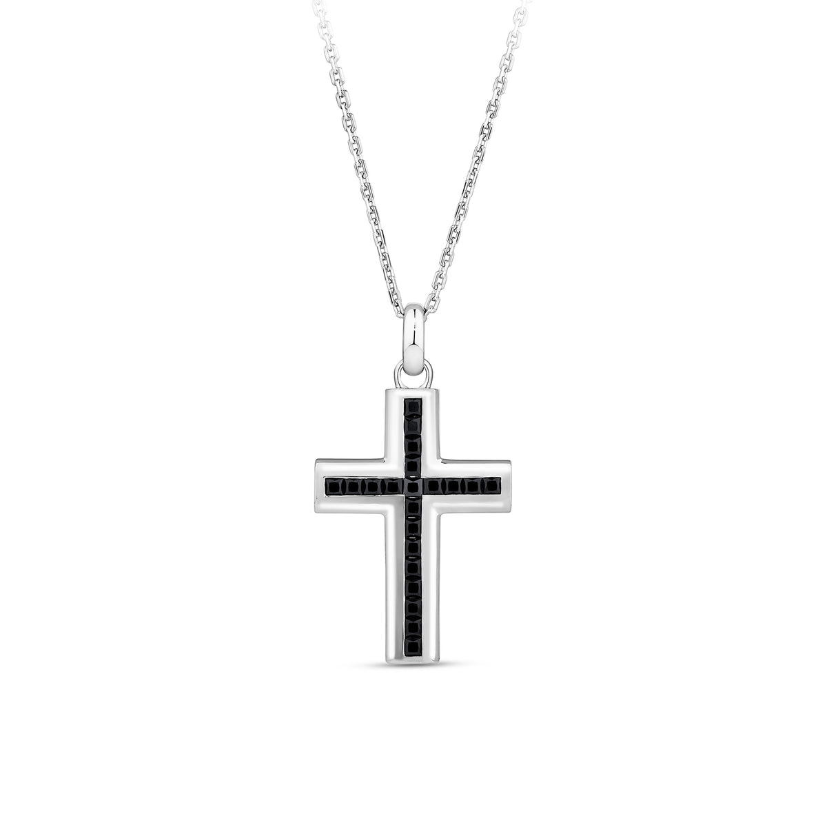 Front-on view of the Wallace Bishop Princess-Cut Black Spinel Cross Gents Pendant in Sterling Silver, reference 4UNKCBSSS1, measuring 25.20mm in length on a 650mm chain. The men’s cross pendant features princess-cut black spinel in a black rhodium finish.