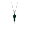 Front-on view of the Wallace Bishop Malachite Arrowhead Gents Pendant in Sterling Silver, reference 4UNKMLSS1, measuring 14.60mm in length on a 65cm chain. The men’s pendant features a natural green malachite in an arrowhead design.