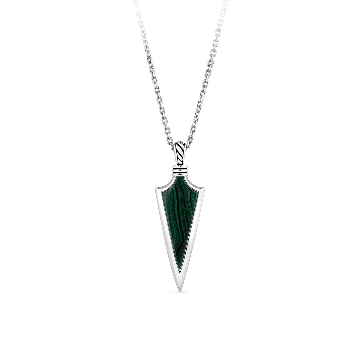 Front-on view of the Wallace Bishop Malachite Arrowhead Gents Pendant in Sterling Silver, reference 4UNKMLSS1, measuring 14.60mm in length on a 65cm chain. The men’s pendant features a natural green malachite in an arrowhead design.