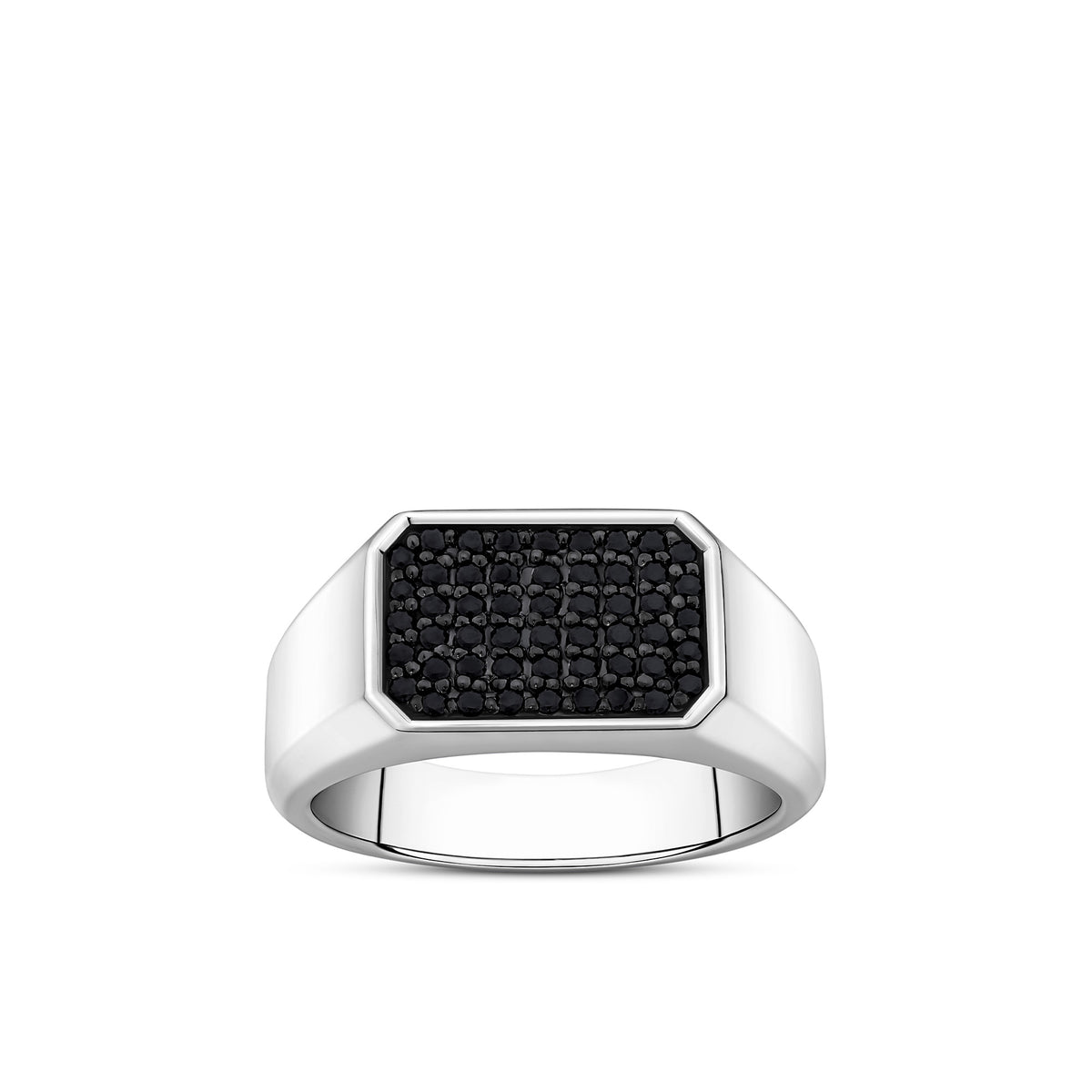 Front-on view of the Wallace Bishop Black Spinel Pavé Gents Signet Ring in Sterling Silver, reference 4URG2BSSSV. The polished men’s signet ring features a rectangular face set with round-cut black spinel in a pavé setting.