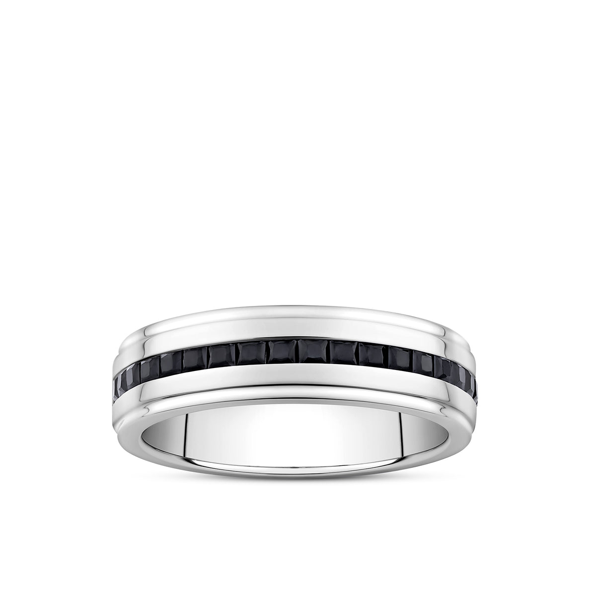 Front-on view of the Wallace Bishop Princess-Cut Black Spinel Gents Ring in Sterling Silver, reference 4URG5BSSSV, with a 6.5mm width. The men’s ring features a polished silver finish with a channel-set stripe of princess-cut black spinel through the middle.