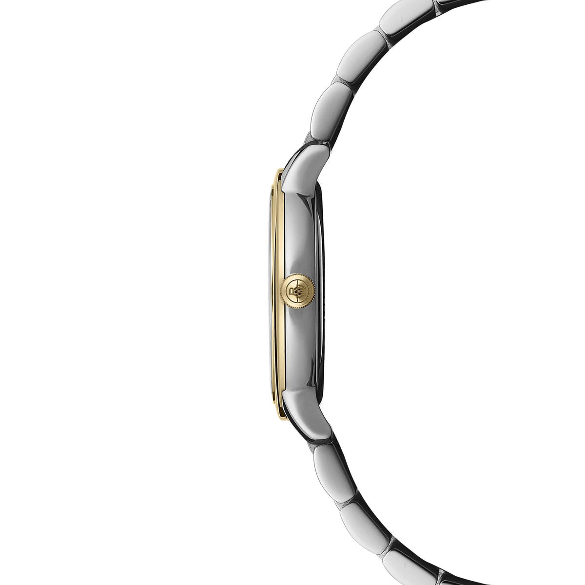 Side profile of the Raymond Weil Toccata Women’s 29mm Quartz Watch 5985-STP-97081, showing the slim 6.79mm round two-tone case with a fluted crown bearing the RW logo. The yellow gold PVD plated bezel and steel case sit above the folding clasp bracelet.